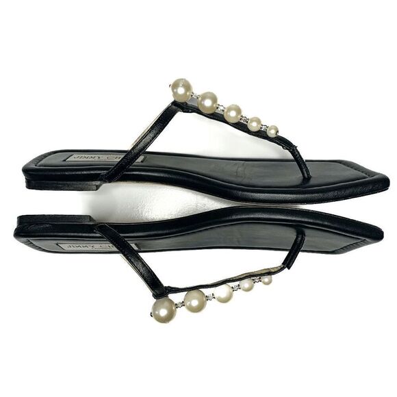 Jimmy Choo Alaina Faux Pearl Embellished Leather Flat Sandals EU 38 US 8 Black - Picture 6 of 9